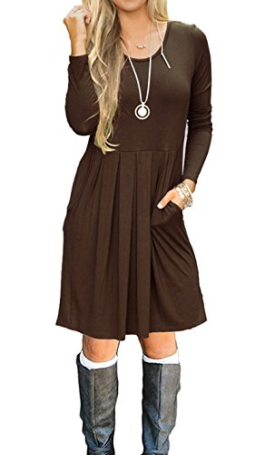 LILBETTER Womens Long Sleeve Draped Swing Tunic Knee Length Dress with Pockets Coffee-L