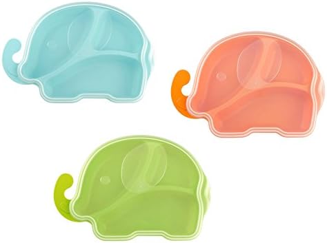 Berry President Plastic PP Divided Plates with Lids for Baby Toddler or Older Kids - Fun Cartoon Elephant Divided Plate - Skid Resistant and Sturdy