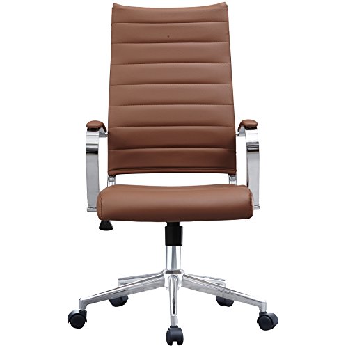 2xhome Brown - Mid Century Modern High Back Tall Ribbed PU Leather Swivel Tilt Adjustable Office Chair Desk Designer Boss Executive Management Manager Office Conference Room Work Task Computer Desk - Thumbnail 4