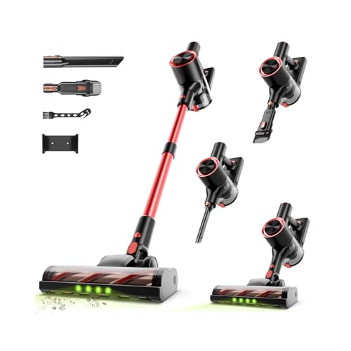 Shieal Cordless Stick Vacuum Cleaner - 45KPA Powerful Suction Vacuum with 45 Min Runtime, Detachable Battery, Anti-Tangle & 1.5L Dust Cup, 8 in 1 Vacuum Cleaner for Pet Hair, Carpet, HardFloor, Red