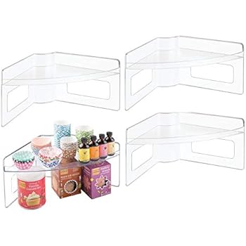 mDesign Plastic Kitchen Cabinet Lazy Susan Food Storage Organizer Raised Shelf Tray - 2 Tier, Pie-Shaped, 1/4 Wedge, Organize Soup Cans, Pasta, Tea, Coffee, Spices, Jars, Bottles - 4 Pack - Clear