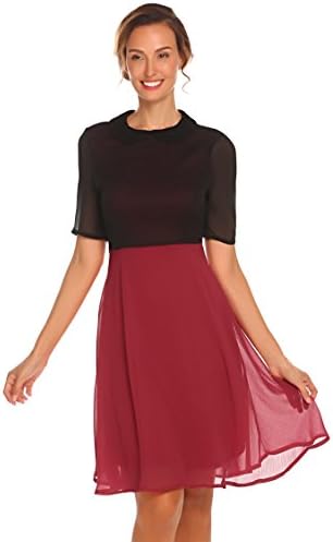 Women Doll Collar Half Sleeve Contrast Color Patchwork Party Swing Dress,Wine Red,Large