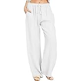 utcoco Women's Cotton Linen Drawstring High Waisted Pants Casual Loose Fit Wide Leg Trousers