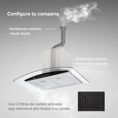 AVERA Campana de cocina 76 cm de pared, 3 velocidades, Luz LED, Filtro de carbón activado, Filtro de malla metálica lavable, Acero inoxidable y vidrio templado, Diseño curvo | CEV60C