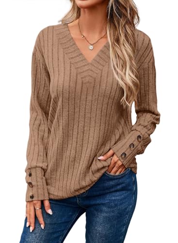 Dokotoo Pullover Damen V-Ausschnitt Langarmshirt Weich Leicht Strickpullover Herbst Lässige Oberteile Shirts Pulli, Khaki, Xxl