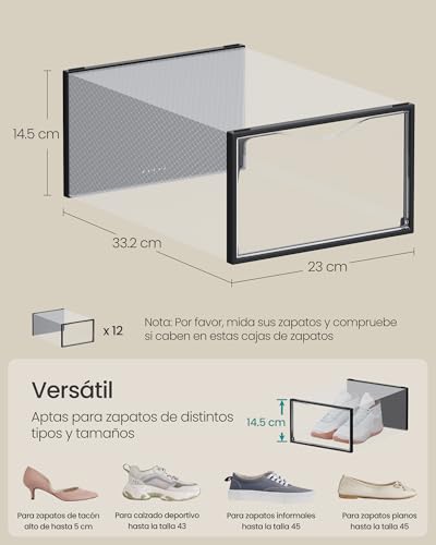 SONGMICS Cajas para Zapatos, Organizador de Zapatos de Plástico, Juego de 12, para Zapatos hasta 43, Transparente y Negro Tinta MLSP312B01