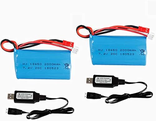 2 pcs 7.4V 2000Mah JST Plug li-on Battery with 7.4v USB Cable for Syma 9101 9053 Wltoys Wl912 12428 etc