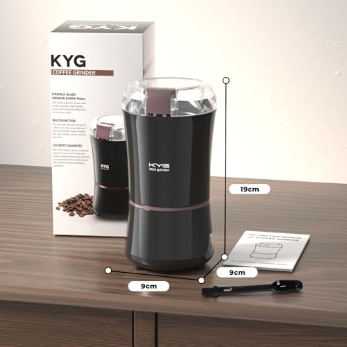KYG Electric Coffee Grinder for Espresso Beans, Nuts and Grains, Powerful Compact Coffee Grinder One-Touch Operation and Stainless Steel Blades 200w Black