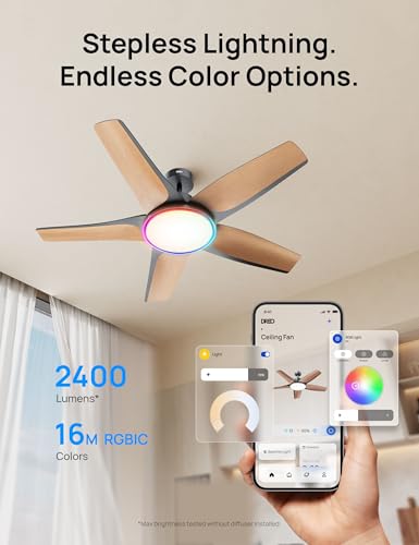 DREO Smart Ceiling Fans with Lights, Low Profile Ceiling Fan with Alexa/App, 52'' Dimmable Lighting & Color Tuning, RGB Ambient Light for Living Room, Game Room, Easy Installation, Quiet, Black
