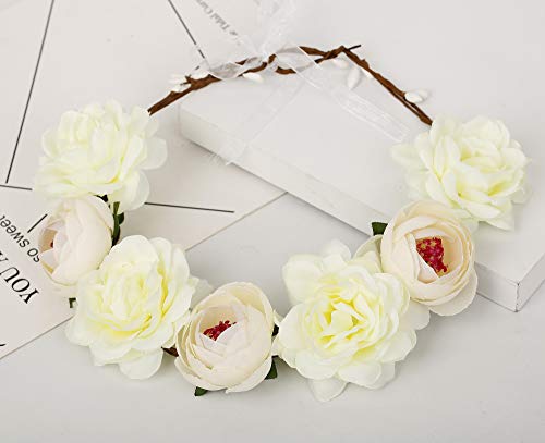Thunaraz Women Boho Floral Crown Hair Wreath Flower Headband with Adjustable Ribbon Halo Festival Wedding Party