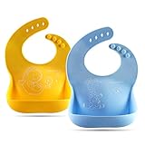 Waterproof Silicone Bibs for Babies & Toddlers, Cute Stone Soft Baby Bib with Food Catcher Pocket Adjustable Stain Resistant Easily Wipe Clean BPA Free Great Baby Feeding Gift, Pack of 2, Blue/Yellow