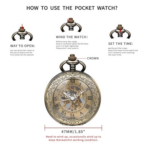DerMacht Mechanical Pocket Watch, for Men Women Special Magnifier Half Hunter Engraved Case Roman Numerals with Chain
