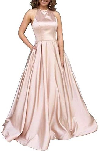 Prom Dresses Long Halter Satin Beaded Backless Evening Formal Gowns with Pockets for Women