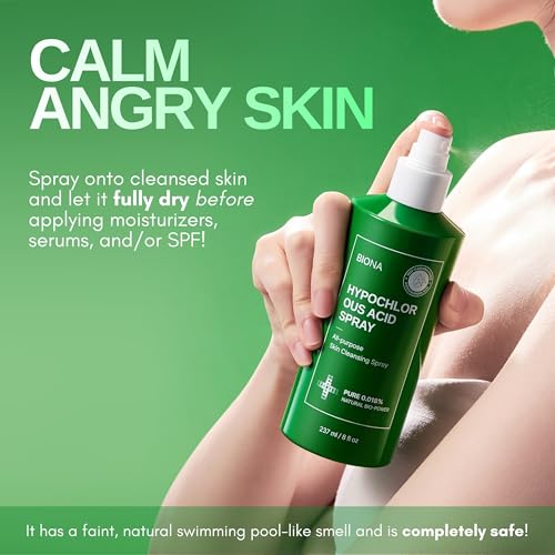 BIONA Pure Hypochlorous Acid Spray 0.018%, pH-Balanced for Face & Skin | Calming, Soothing Natural Cleanser for Acne-Prone Skin, Eczema, Irritation, Redness, Baby Rashes, Eyelid & Lash Care | Safe for All Ages & All Skin Types - 8oz/236ml