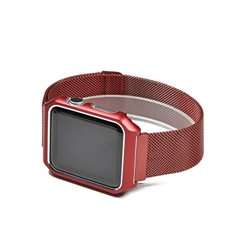 AHXLL Apple Watch Mesh Milanese Loop stainless Steel Replacement iWatch + Metal Protective case for Apple Watch Series 3, Series 2, Series 1, Sport& Edition (Red, 42MM)