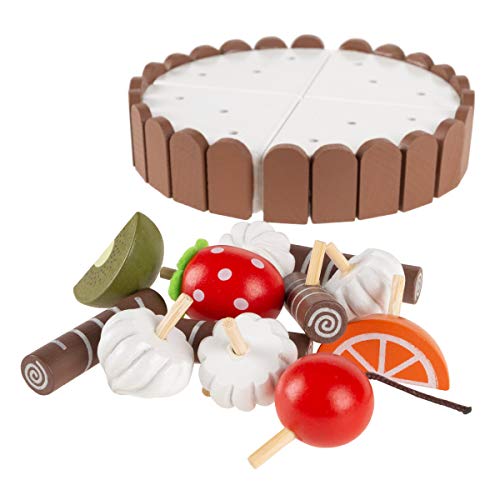 Hey!Play! Birthday Cake-Kids Wooden Magnetic Dessert with Cutting Knife, Fruit Toppings, Chocolate & Vanilla Swirls-Fun Pretend Play Party Food - Thumbnail 6
