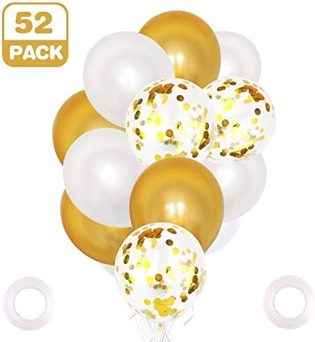50 Pieces 12 Inches Gold and White Latex Party Balloons Gold Confetti Balloons Helium Balloons with 2 Curling Ribbons for Baby Bridal Shower,Birthday, Wedding, Proposal Party Decorations, Colorful …