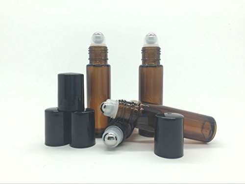 6 Pack - Empty Roll on Glass Bottles [STAINLESS STEEL ROLLER] 10ml Refillable Color Roll On for Fragrance Essential Oil - Amber Color