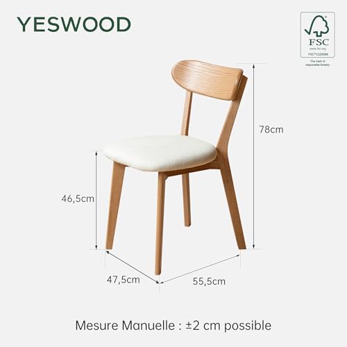 YESWOOD Set of 4 Solid Oak Dining Chairs, Ergonomic Backrest, Padded Chair for Dining Room, Kitchen, Living Room, Office, Bedroom, 47.5 x 55 x 78 cm, Natural Oak