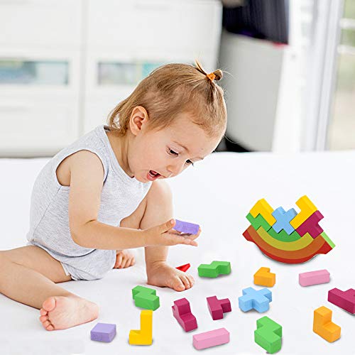 Sealive 21PC Wooden Stacking Blocks Balancing Game - Tetris Puzzle Balancing Toys for Kids Montessori Educational Toys Wood for Kids Stacking Toys for 3 Year Old - Sorting Blocks for Preschool Kids - Thumbnail 2