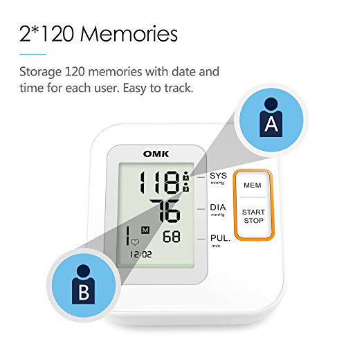 Automatic Blood Pressure Monitor Upper Arm,OMK Blood Pressure Machine with Cuff 8.7-15.7in, 2x120 Memories, Large Display, Irregular Heartbeat Detection, Accurate and Easy to Use, FDA Approved