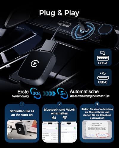 WityEye CarPlay and Android Car Wireless Adapter 2 in 1, V5.3 Bluetooth Stable Connection, Fast 5.8 GHz WiFi, for Apple iPhone iOS 10+, Smartphone Android 11+