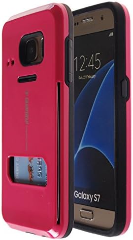 Guardful [Shockproof] Credit Card Case [Dual Layer] Protective Hybrid Case [Coin Standing] with One Card Slot Wallet for Galaxy S7 (Hot Pink)