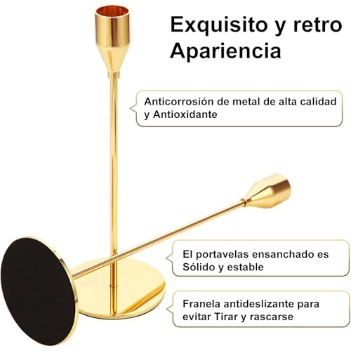 NEOROSVIKA Juego de 6 Candelabros para Velas, Vintage Cónicas Portavelas de Metal Alto, Candelabros Decorativos de Diferentes Alturas, se Adapta a Velas de 3/4 Pulgadas de Grosor (Oro)