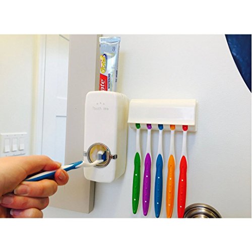 Novias Hands Free Toothpaste Dispenser Automatic Toothpaste Squeezer and Toothbrush Holder Set for 5 Brushes