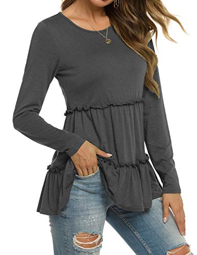 Womens Ruffle Tunic Loose Long Sleeve T-Shirt Lightweight Fall Clothes Dark Grey S