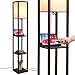 Brightech Maxwell LED Shelf Floor Lamp with Wireless Charging Pad - for Living Rooms & Bedrooms, 1 USB Port & 1 Electric Outlet - Modern Standing Light - Asian Display Shelves - Havana Brown