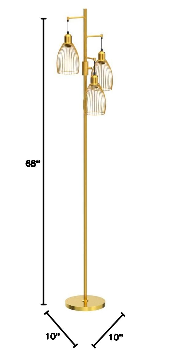 Dimmable Industrial Floor Lamps for Living Room, Gold Tree Standing Tall Lamps with 3 Elegant Teardrop Cage Head & 800 Lumens LED Bulbs for Bedroom Office
