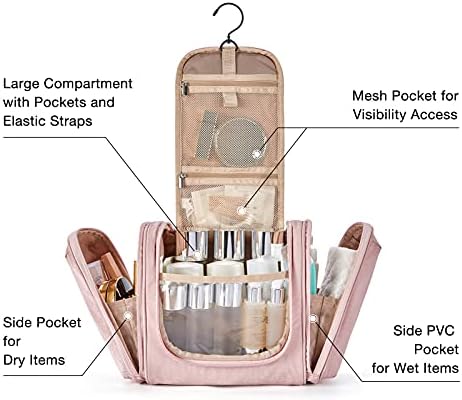 Hanging Toiletry Bag, BAGSMART Travel Toiletry Organizer with hanging hook, Water-resistant Cosmetic Makeup Bag Travel Organizer for Shampoo, Full Sized Container, Toiletries, Pink 2 Hanging Toiletry Bag, BAGSMART Travel Toiletry Organizer with hanging hook, Water-resistant Cosmetic Makeup Bag Travel Organizer for Shampoo, Full Sized Container, Toiletries, Pink