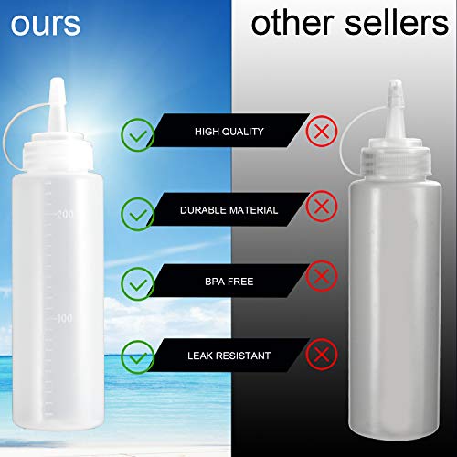 Condiment Squeeze Bottles, OAMCEG 12-Pack 8 oz Plastic Squeeze Squirt Bottles with Twist On Cap Lids and Discrete Measurements - for Ketchup, BBQ, Sauces, Syrup, Condiments, Dressings, Paint, and More