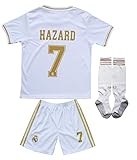 SecenMerch 2019/2020 New Hazard No #7 Real Madrid Home White Kids Soccer Jersey Kit Shorts Socks Set Youth Sizes