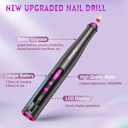 SnnyNyx Cordless Electric Nail Drill 35000 RPM, Professional Portable Nail File for Acrylic Nails & Gel Polish Removal, Low Vibration & Heat E-file with 11 Drill Bits, Salon-Quality Manicure Pedicure Kit (Matte Gray)