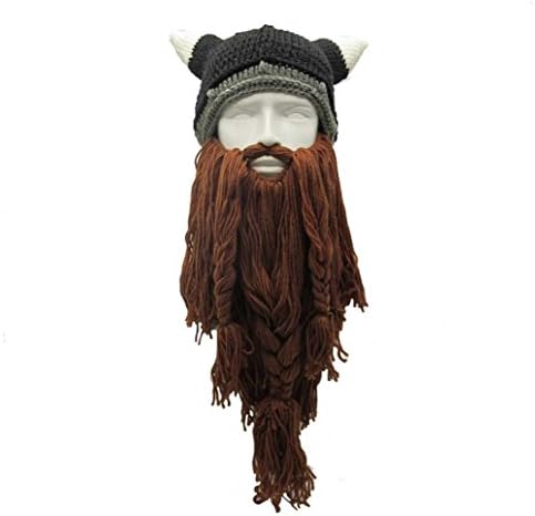 CASA SHOP Funny Man Vikings Beanies Knit Hats Beard Ox Horn Handmade Knitted Men's Winter Hats