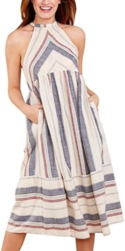 Summer Midi Dress for Women Neck Striped Sleeveless Casual with Pockets