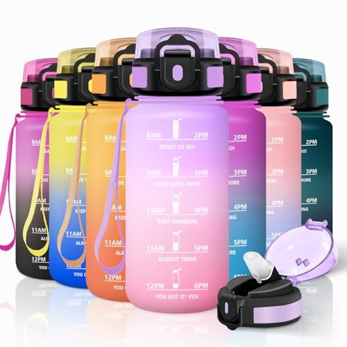 Botella Agua Niños, 500ml con Pajita, Botella Agua, a Prueba de Fugas, Cantimplora, con Marca de Tiempo, Cantimplora Infantil para Niños, Gym, Colegio, Oficina, Violeta Claro & Rosa Claro