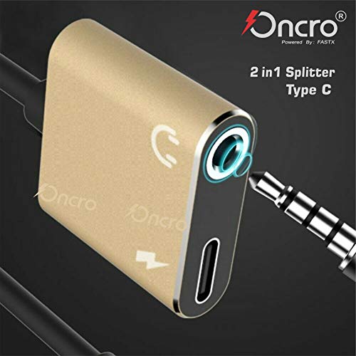 ONCRO® Trending Gold Metal 2 in 1 Type C to 3.5mm Aux Headphone Splitter Adapter Jack & Charging Jack Converter for 1 Pl