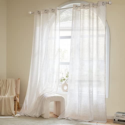 Woaboy 2 Pieces Translucent Linen Curtains Modern Decorative Eyelet Curtains for Living Room and Bedroom 140 x 260 cm Bleached White