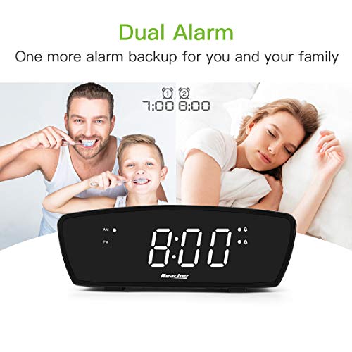 REACHER Simple Dual Alarm Clock with Adjustable Volume for Bedrooms - Large Numbers LED Display with USB Phone Charging Port, Dimmer, Snooze, Easy Operation for Desk Shelf Bedside(Black)