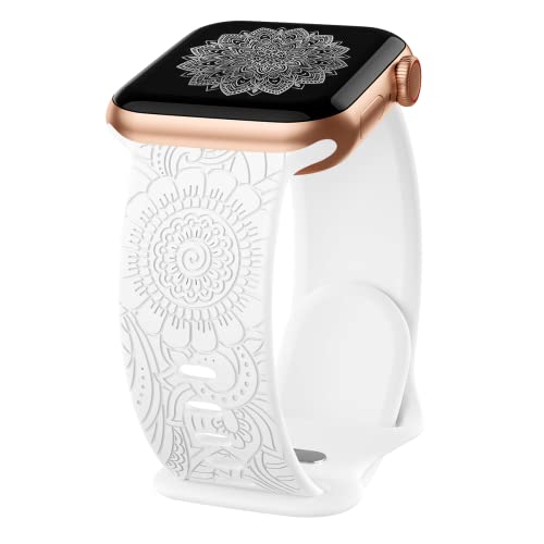 CreateGreat Leopard Engraved Bands Compatible with Apple Watch Band 40mm 41mm 38mm Women, Cheetah Silicone Strap Compatible with iWatch Series 10 9 8 7 6 5 4 3 2 1 SE Ultra,FlowerWhite