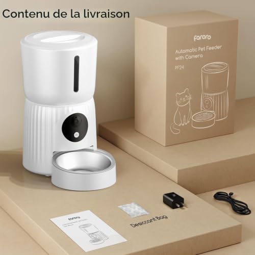 Faroro Automatic Cat Food Dispenser, HD 1080P Camera with Night Vision, 5G WiFi Feeder for Cat/Dog with Two-Way Audio, APP, Dual Power (White)