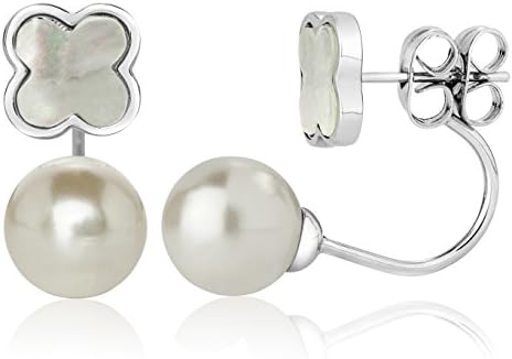 Silvertone Front and Back Clover and Simulated Pearl Dangle Drop Earrings
