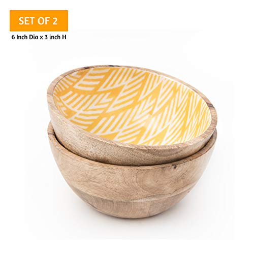Wooden Bowls for Food or Salad Bowls Set, Small Bowl for Serving Pasta and Cereal, Set of 2 Wood Bowl, 6 inch by 3 inch, Mango Wood, Yellow Ikkat