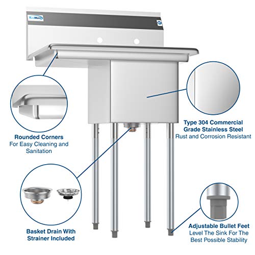 KoolMore 1 Compartment Stainless Steel NSF Commercial Kitchen Prep & Utility Sink with Drainboard - Bowl Size 14" x 16" x 11" - Thumbnail 2