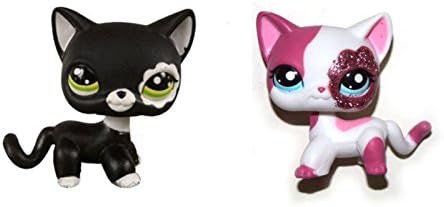 DEEJOE Set of 2 Pet Shop Sparkle Pink Short Hair &amp; Black Blythe Cat Kitty LPS Action Figure Toy 2"