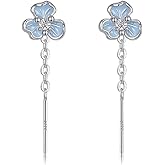 MYHAO 925 Sterling Silver CZ Flower Dangle Chain Earrings Drops for Women Teens Blue Flower Dangle Earrings Tassel Threader Hypoallergenic