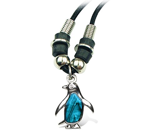 Puzzled Blue & Silver Aqua Penguin Necklace, 18 Inch Fashionable & Elegant Wild Style Chain Jewelry with Genuine New Zealand Paua Shell Pendant Ocean Marine Life Themed Unisex Fashion Neck Accessory